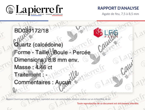 Rapport d'analyse des perles en agate de feu 7,5 à 8,5 mm, La Pierre FR