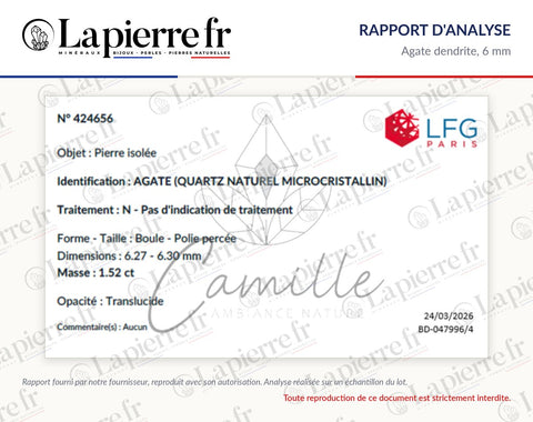 Rapport d'analyse des perles en agate dendrite 6 mm, La Pierre FR