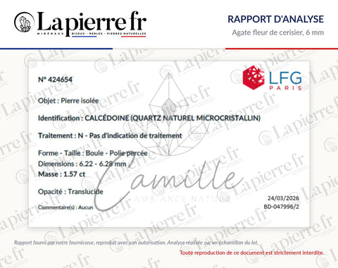 Rapport d'analyse des perles en agate fleur de cerisier 6 mm, La Pierre FR