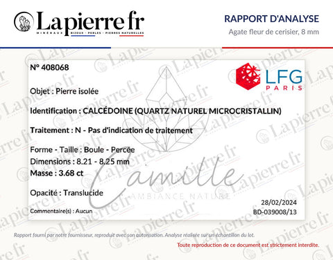 Rapport d'analyse des perles en agate fleur de cerisier 8 mm, La Pierre FR
