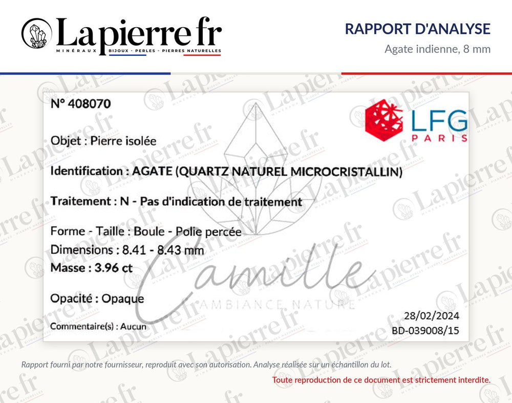 Rapport d'analyse des perles en agate indienne 8 mm, La Pierre FR