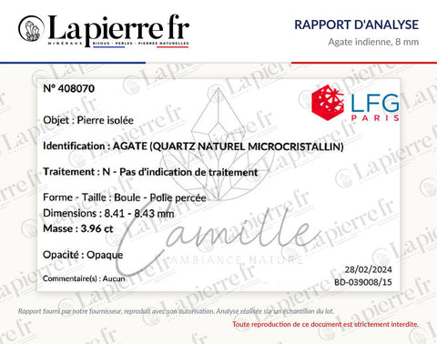 Rapport d'analyse des perles en agate indienne 8 mm, La Pierre FR
