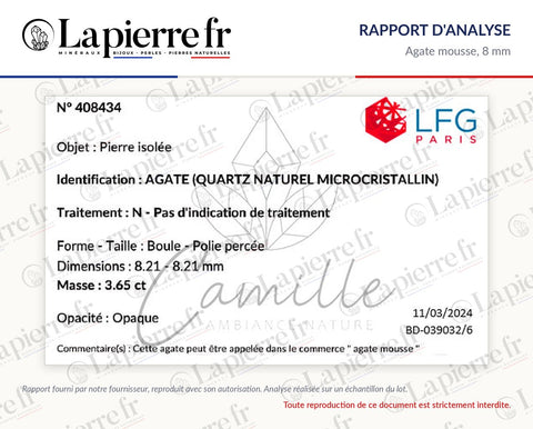 Rapport d'analyse des perles en agate mousse 8 mm, La Pierre FR