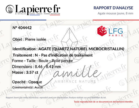 Rapport d'analyse des perles en agate mousse jaune 8 mm, La Pierre FR