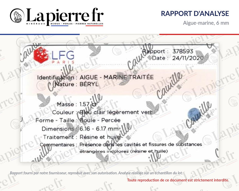 Rapport d'analyse des perles en aigue-marine 6 mm, lot d'août 2021, La Pierre FR