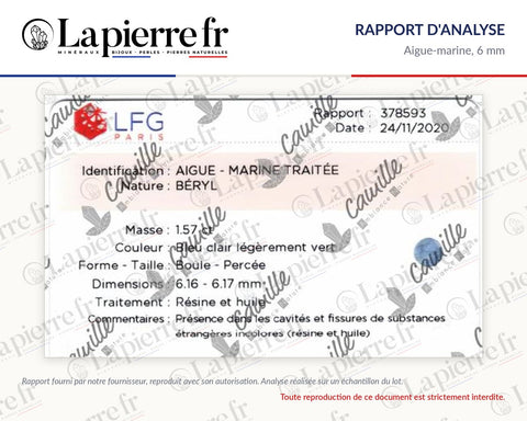 Rapport d'analyse des perles en aigue-marine 6 mm, lot d'août 2021, La Pierre FR