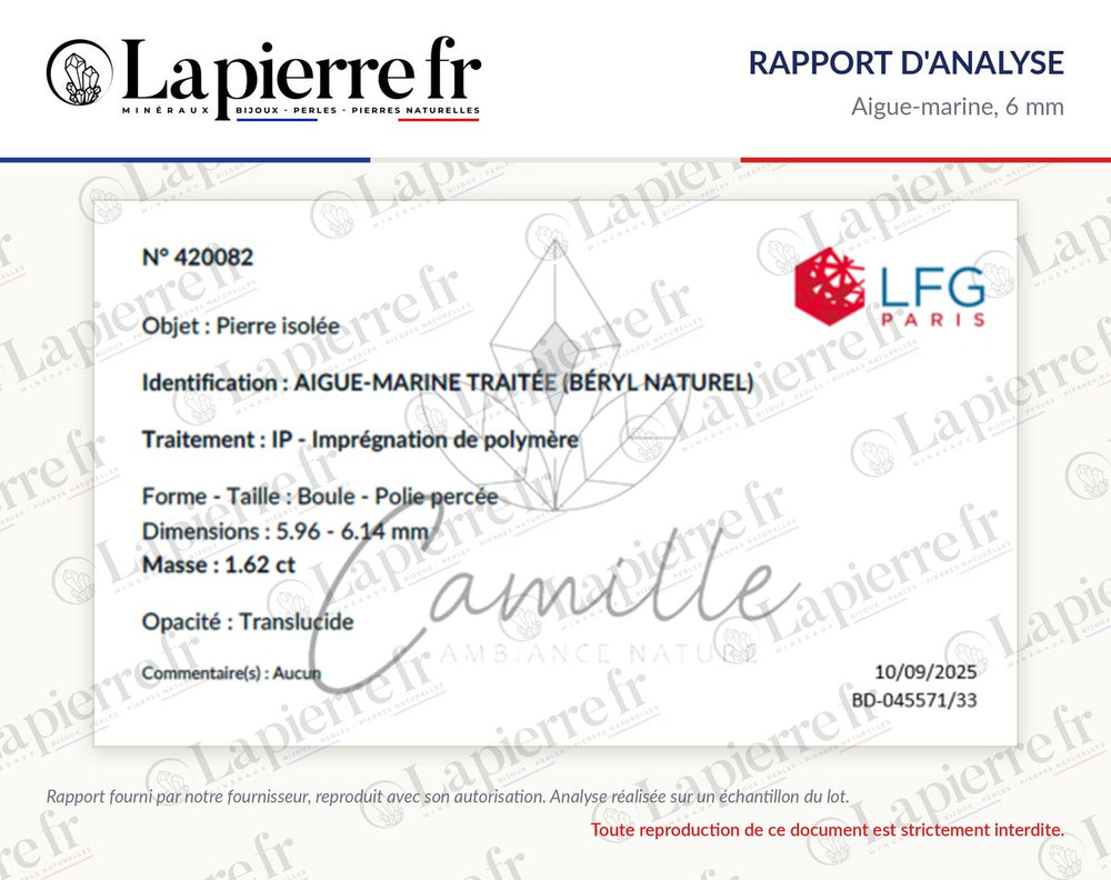 Rapport d'analyse des perles en aigue-marine 6 mm, lot de novembre 2025, La Pierre FR