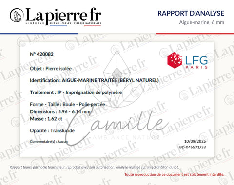 Rapport d'analyse des perles en aigue-marine 6 mm, lot de novembre 2025, La Pierre FR