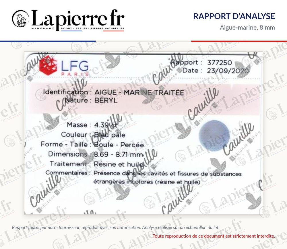 Rapport d'analyse des perles en aigue-marine 8 mm, La Pierre FR