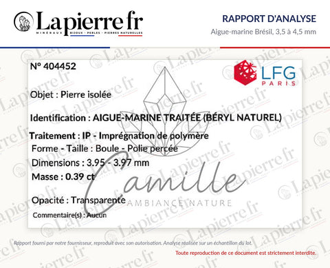 Rapport d'analyse des perles en aigue-marine Brésil 3,5 à 4,5 mm, La Pierre FR