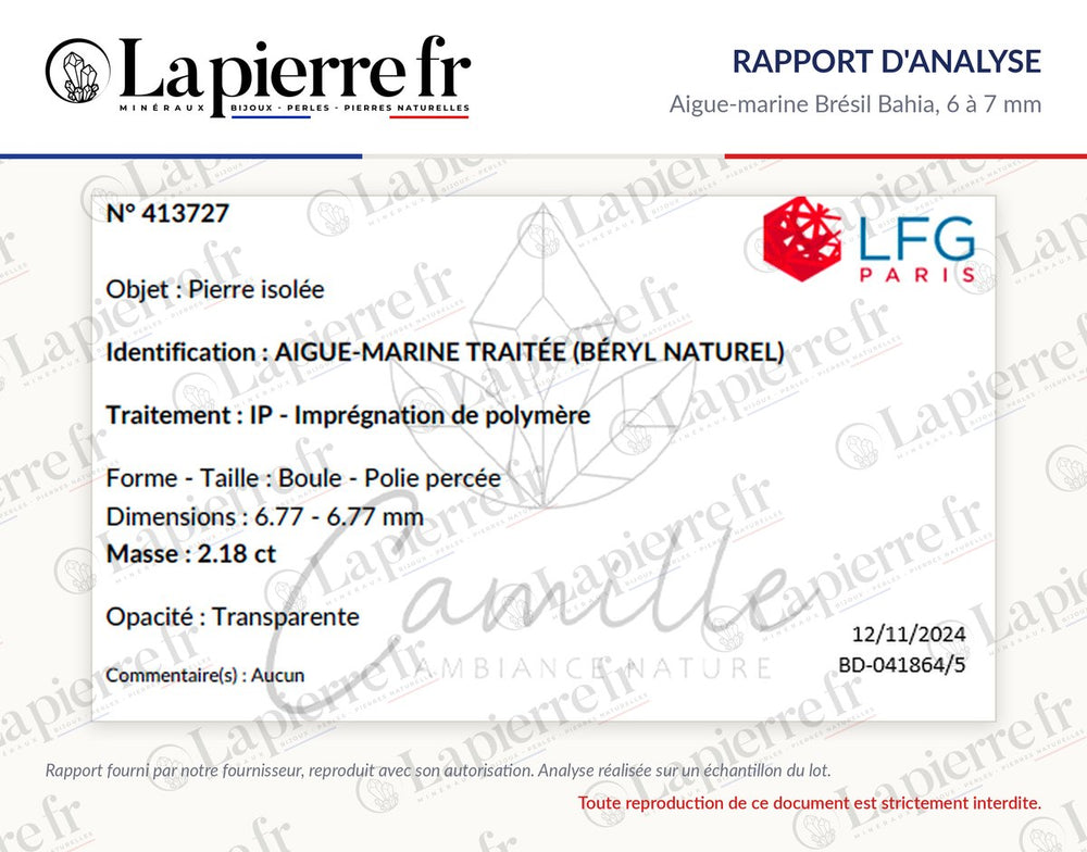 Rapport d'analyse des perles en aigue-marine Brésil Bahia 6 à 7 mm, La Pierre FR