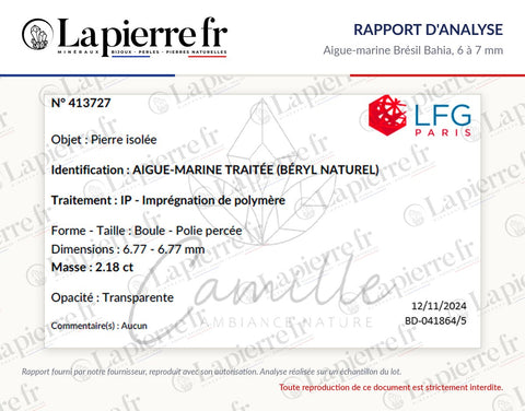 Rapport d'analyse des perles en aigue-marine Brésil Bahia 6 à 7 mm, La Pierre FR