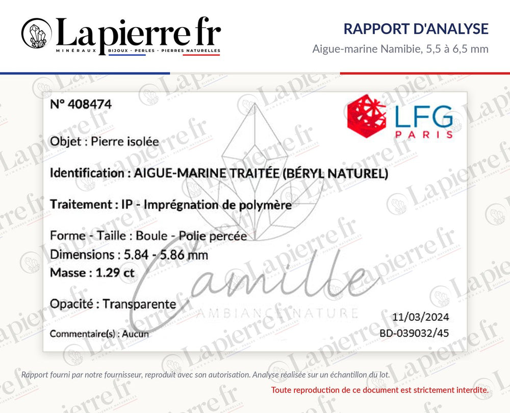 Rapport d'analyse des perles en aigue-marine Namibie 5,5 à 6,5 mm, La Pierre FR