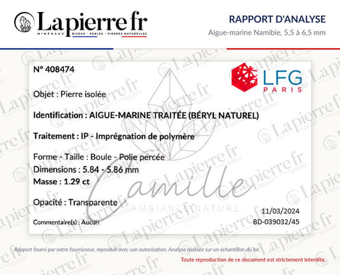 Rapport d'analyse des perles en aigue-marine Namibie 5,5 à 6,5 mm, La Pierre FR