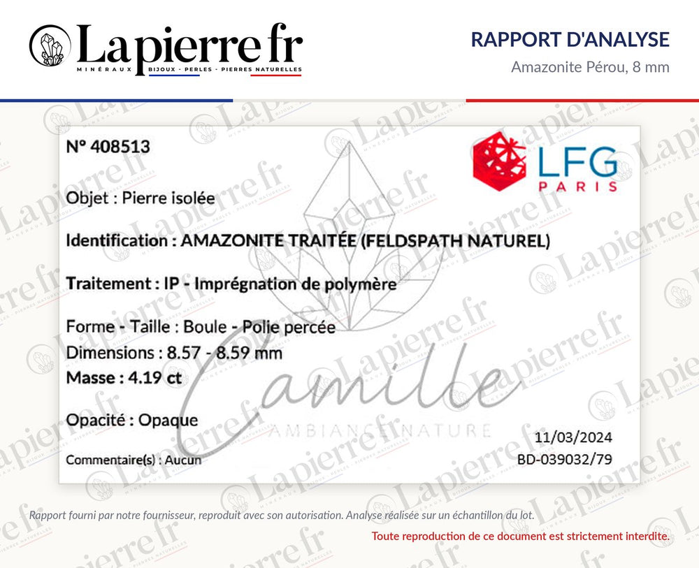 Rapport d'analyse des perles en amazonite Pérou 8 mm, La Pierre FR