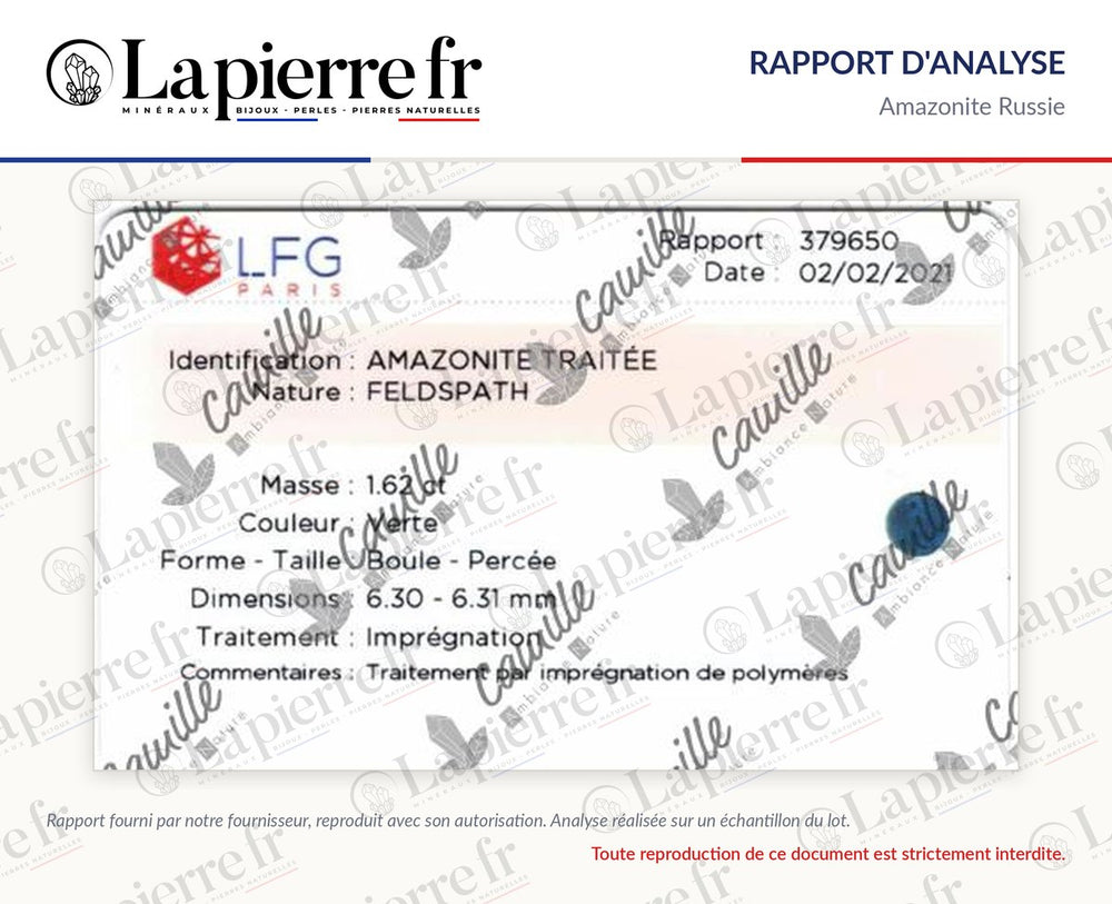 Rapport d'analyse des perles en amazonite Russie, La Pierre FR