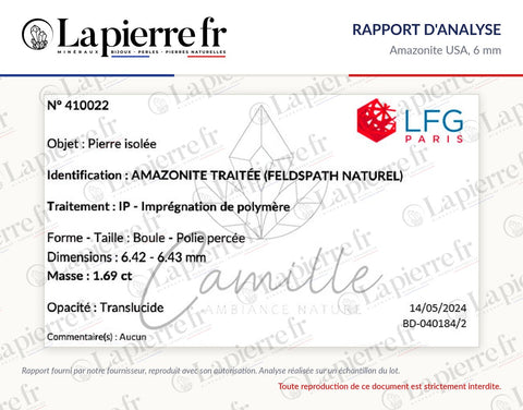 Rapport d'analyse des perles en amazonite USA 6 mm, La Pierre FR