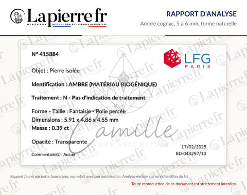 Rapport d'analyse des perles en ambre cognac 5 à 6 mm forme naturelle, La Pierre FR