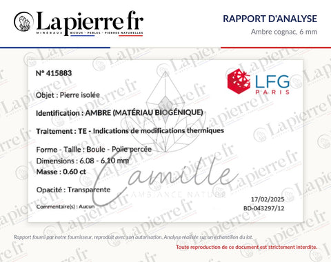 Rapport d'analyse des perles en ambre cognac 6 mm, La Pierre FR