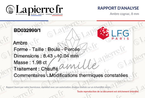 Rapport d'analyse des perles en ambre cognac 8 mm, La Pierre FR