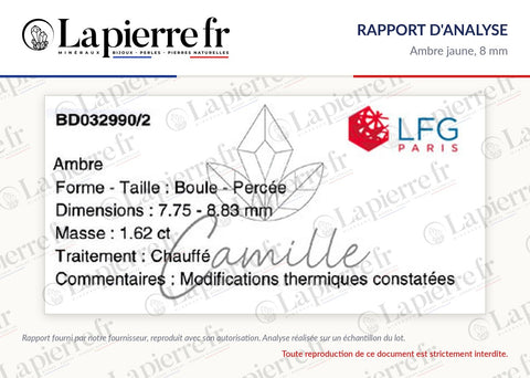 Rapport d'analyse des perles en ambre jaune 8 mm, La Pierre FR