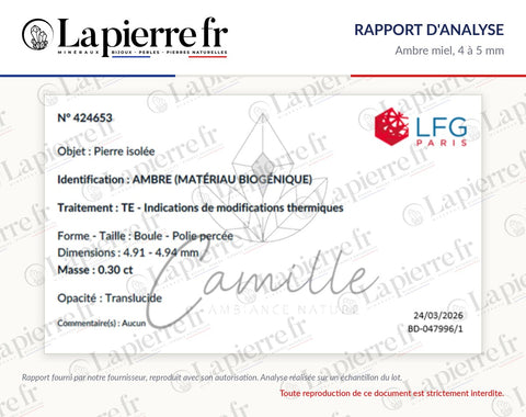 Rapport d'analyse des perles en ambre miel 4 à 5 mm, La Pierre FR