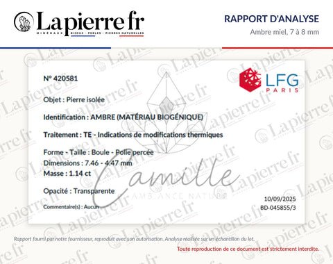 Rapport d'analyse des perles en ambre miel 7 à 8 mm, La Pierre FR