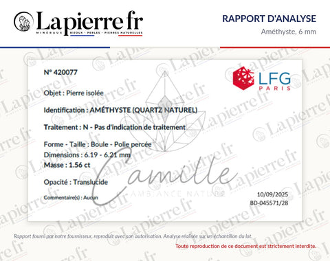 Rapport d'analyse des perles en améthyste 6 mm, La Pierre FR