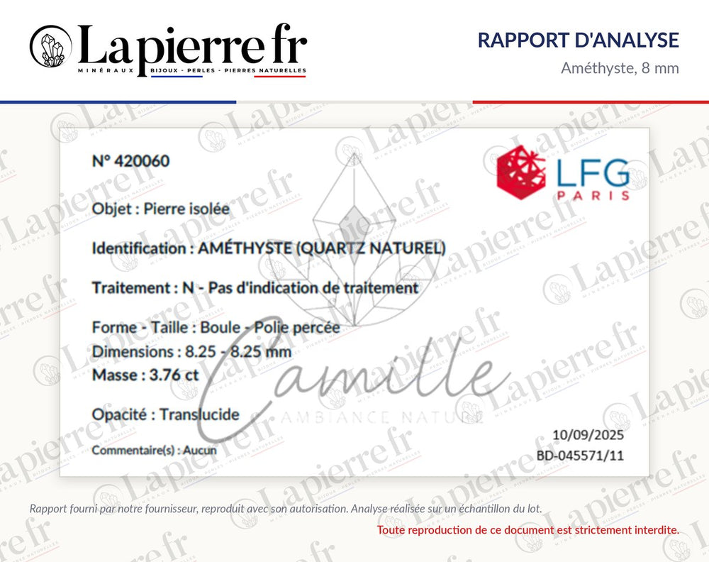 Rapport d'analyse des perles en améthyste 8 mm, La Pierre FR