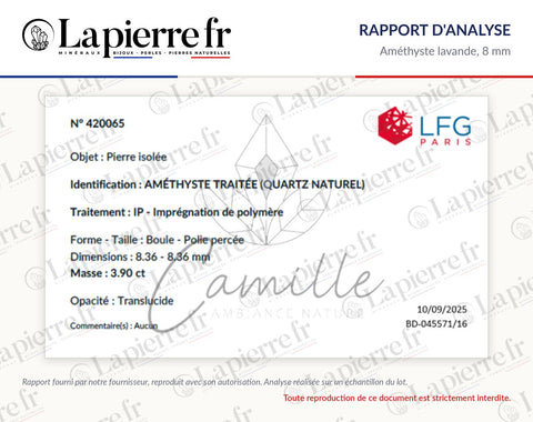 Rapport d'analyse des perles en améthyste lavande 8 mm, La Pierre FR