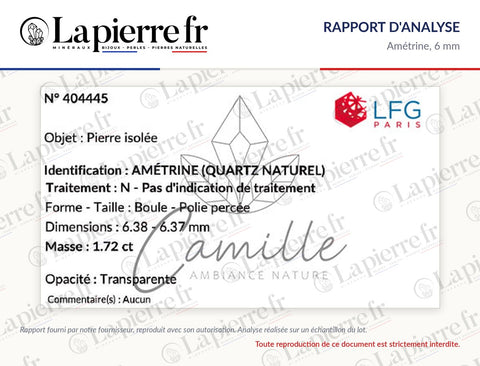 Rapport d'analyse des perles en amétrine 6 mm, La Pierre FR