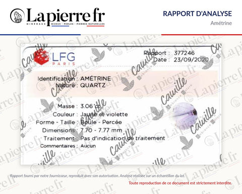 Rapport d'analyse des perles en amétrine, La Pierre FR