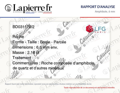 Rapport d'analyse des perles en amphibole 6 mm, La Pierre FR