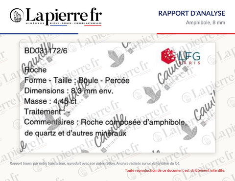 Rapport d'analyse des perles en amphibole 8 mm, La Pierre FR