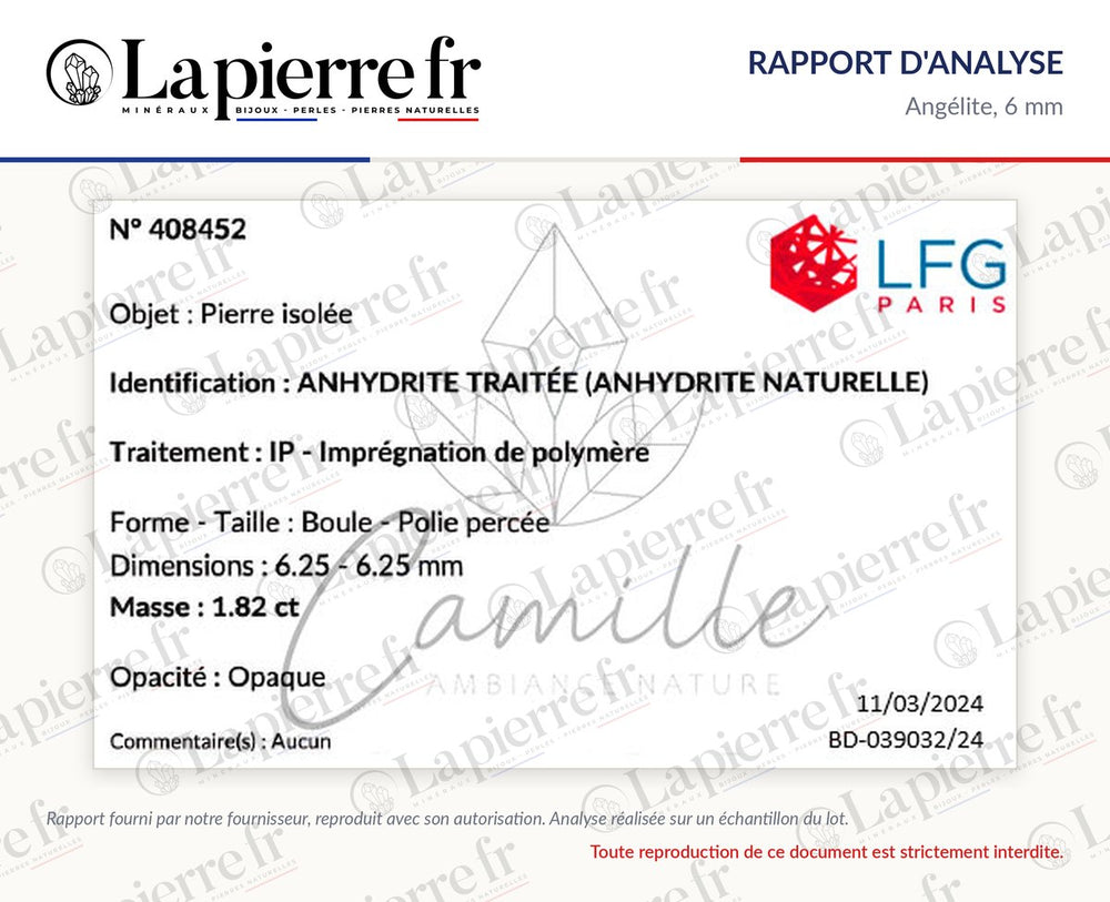 Rapport d'analyse des perles en angélite 6 mm, La Pierre FR