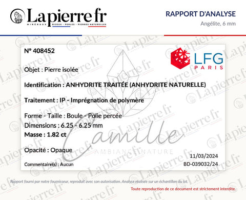 Rapport d'analyse des perles en angélite 6 mm, La Pierre FR