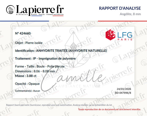 Rapport d'analyse des perles en angélite 8 mm, La Pierre FR