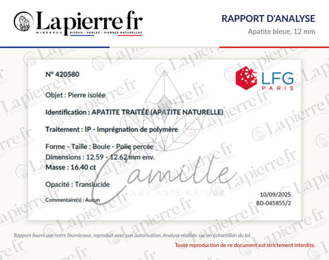 Rapport d'analyse des perles en apatite bleue 12 mm, La Pierre FR