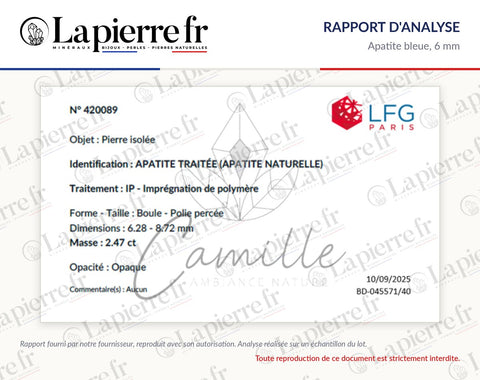 Rapport d'analyse des perles en apatite bleue 6 mm, La Pierre FR