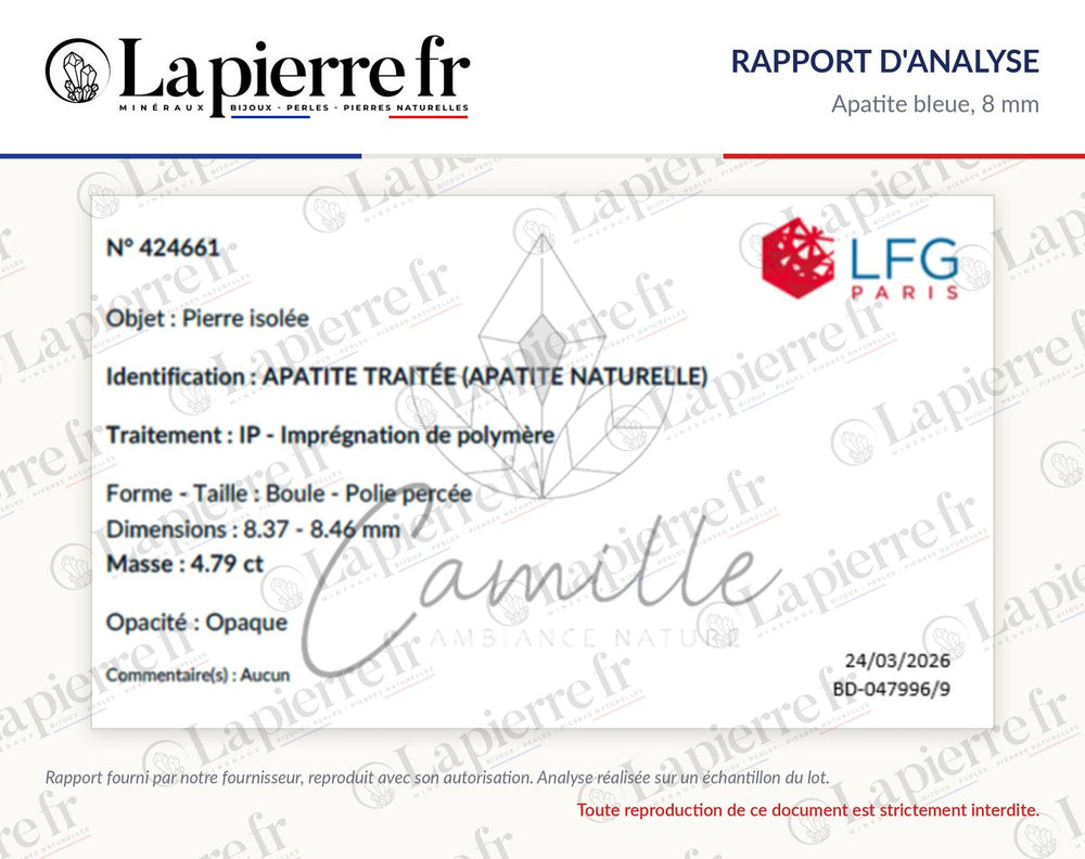 Rapport d'analyse des perles en apatite bleue 8 mm, La Pierre FR