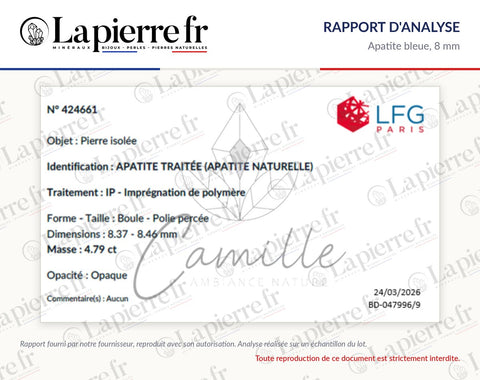 Rapport d'analyse des perles en apatite bleue 8 mm, La Pierre FR