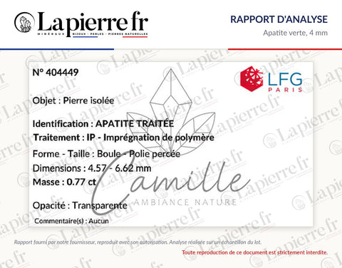 Rapport d'analyse des perles en apatite verte 4 mm, La Pierre FR