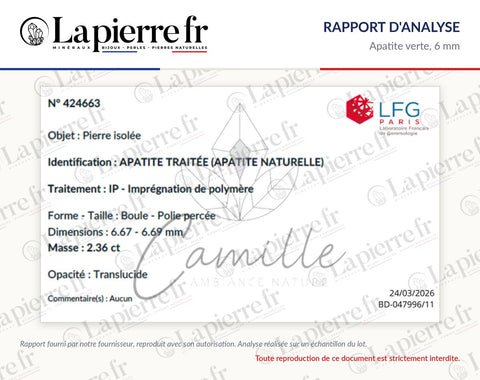 Rapport d'analyse des perles en apatite verte 6 mm, La Pierre FR