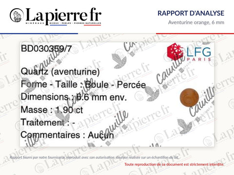 Rapport d'analyse des perles en aventurine orange 6 mm, La Pierre FR