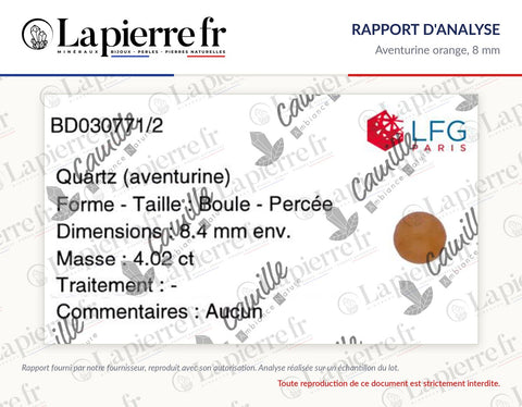 Rapport d'analyse des perles en aventurine orange 8 mm, La Pierre FR