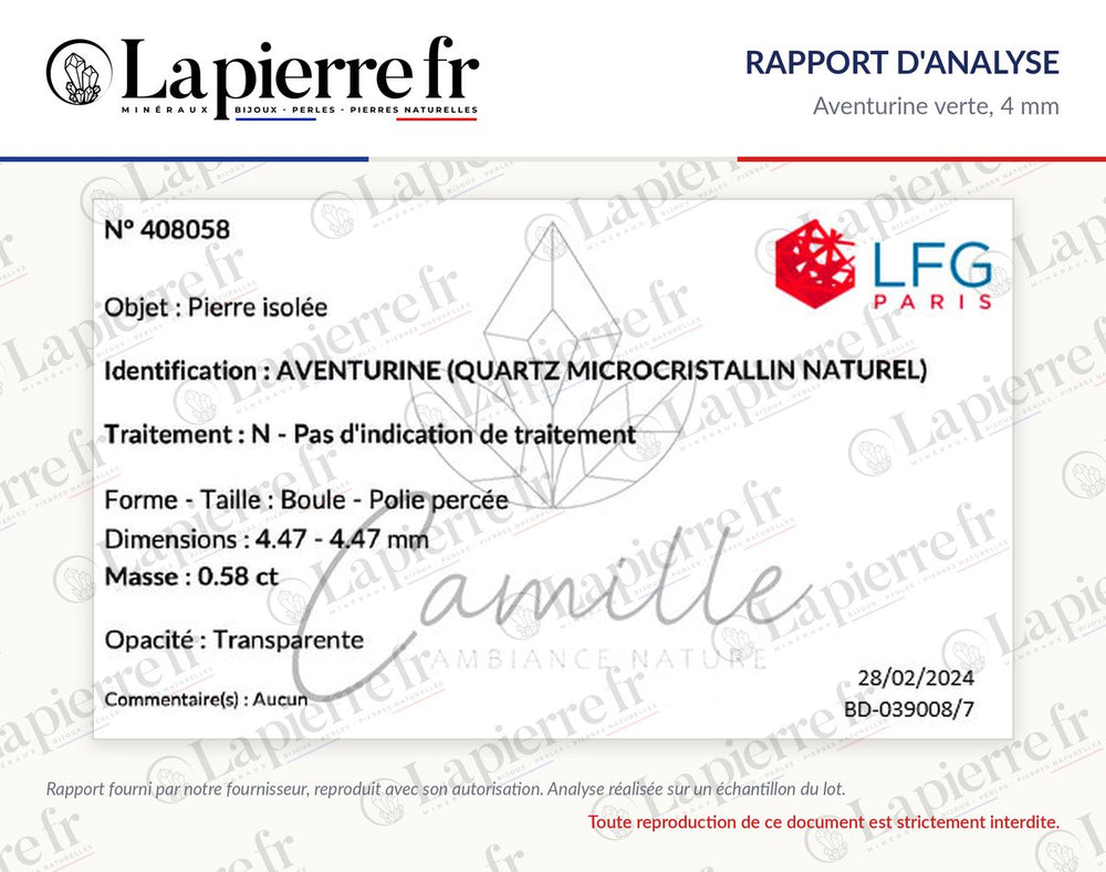 Rapport d'analyse des perles en aventurine verte 4 mm, La Pierre FR