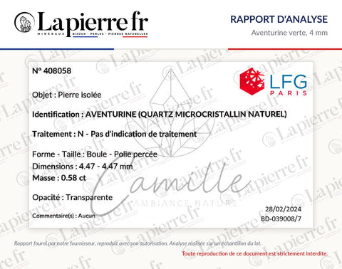 Rapport d'analyse des perles en aventurine verte 4 mm, La Pierre FR