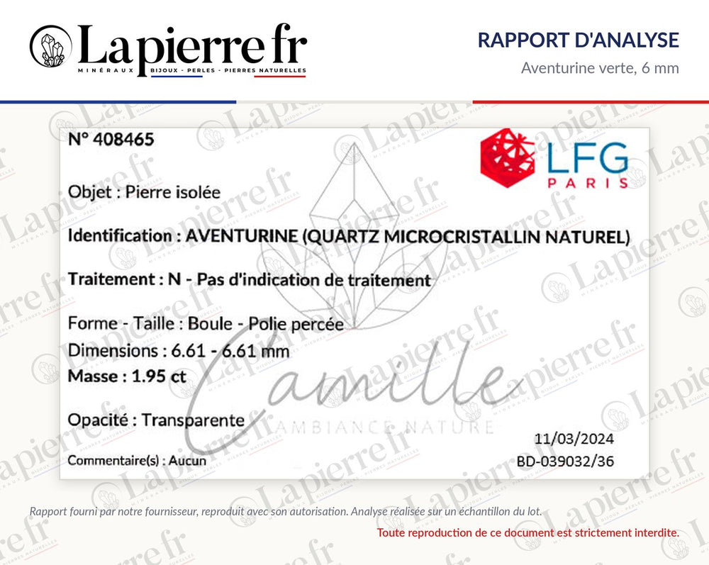 Rapport d'analyse des perles en aventurine verte 6 mm, lot de juin 2024, La Pierre FR