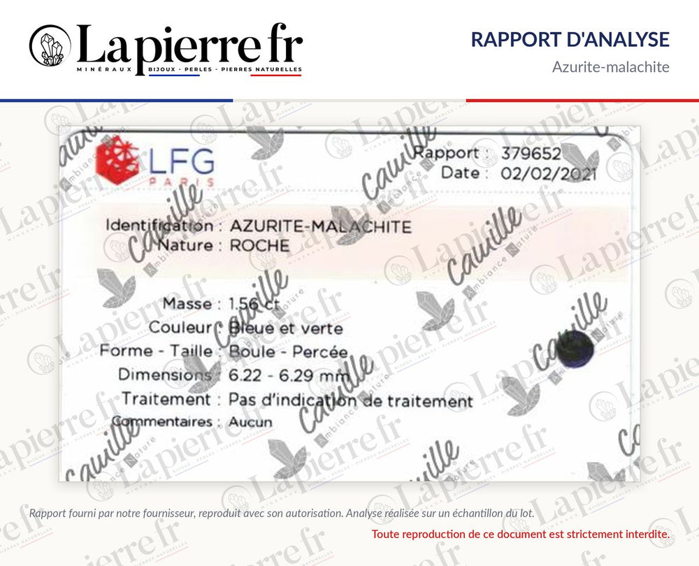 Rapport d'analyse des perles en azurite-malachite, lot de juin 2021, La Pierre FR