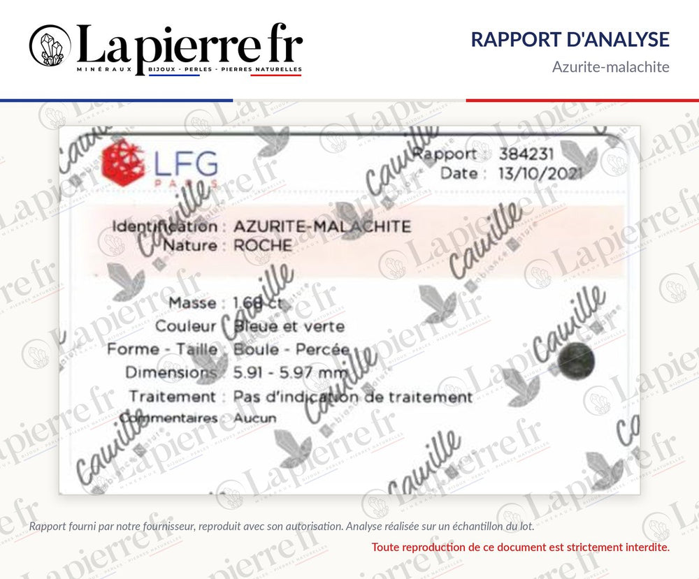 Rapport d'analyse des perles en azurite-malachite, lot d'octobre 2021, second rapport, La Pierre FR
